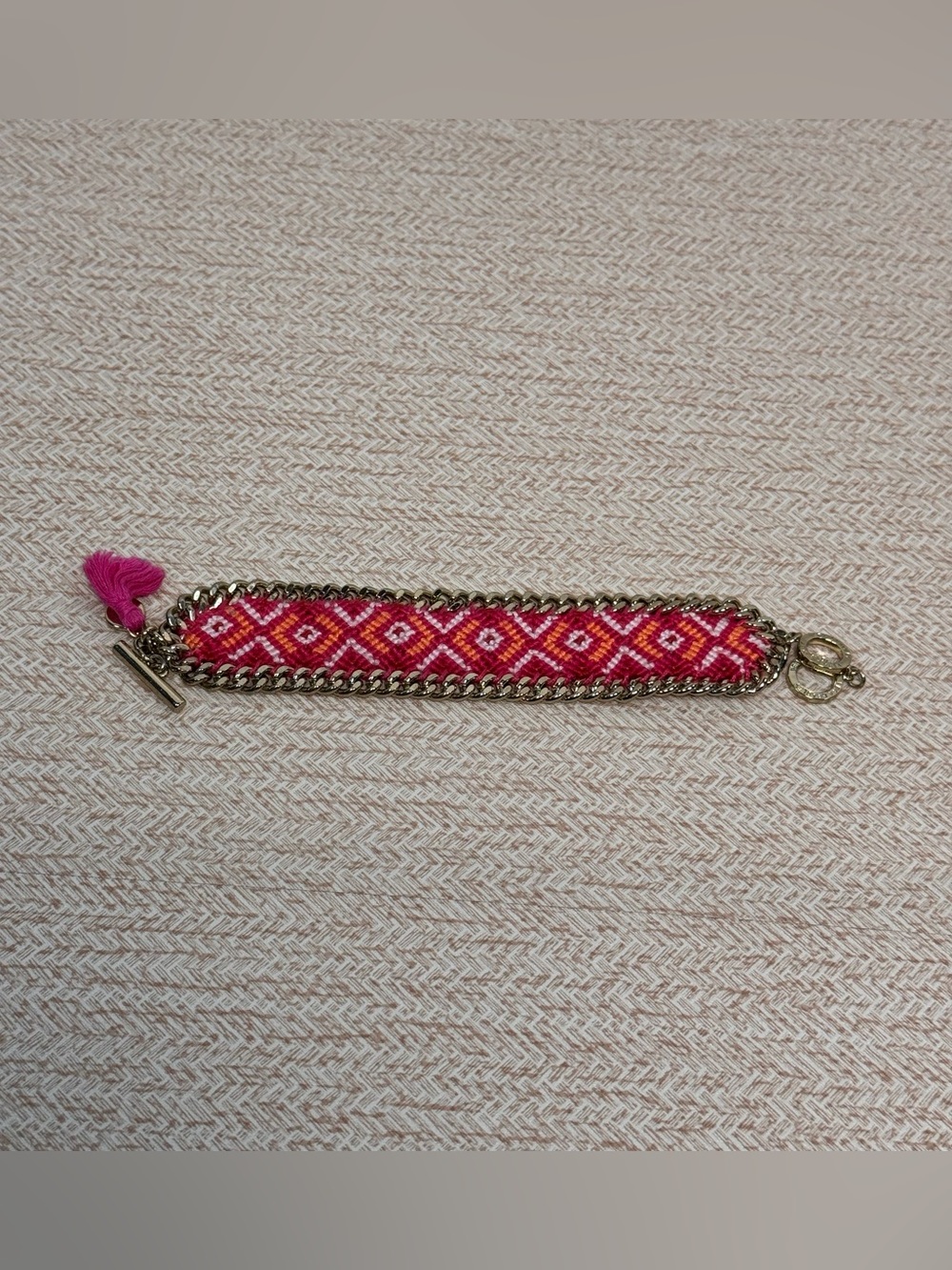 Vera Bradley Pink Geometric Fabric Gold Chain Bracelet with Toggle Clasp